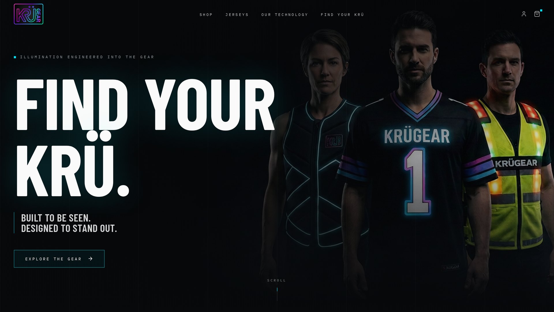 Screenshot of the KRÜGEAR prototype homepage, showing illuminated apparel on a dark background